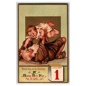 Frances Brundage Vintage New Year Postcard Baby & Santa 1912 Embossed